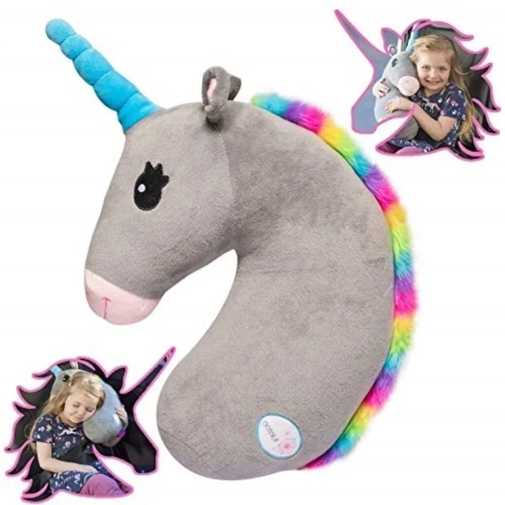 🦄 Kids Unicorn Travel Neck Pillow – Gray Plush w/ Rainbow Mane